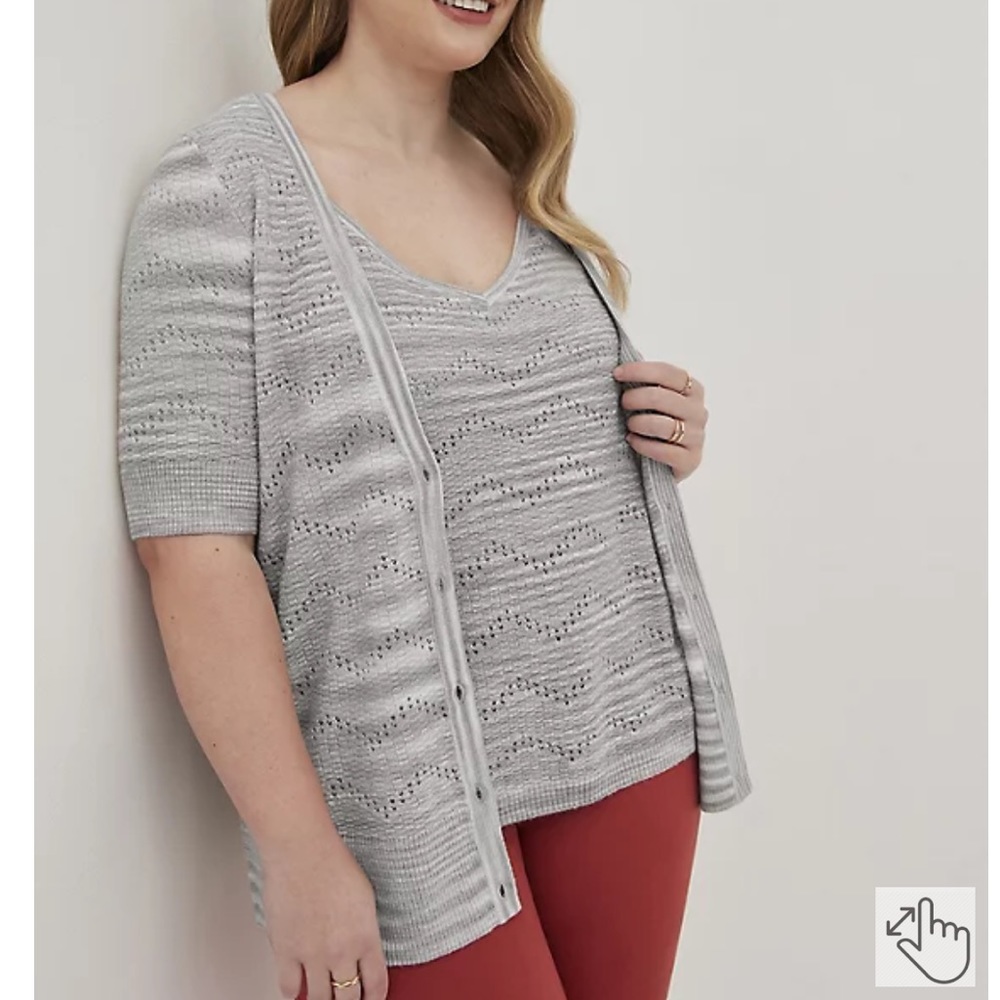 POINTELLE CARDIGAN V-NECK SHORT SLEEVE SWEATER